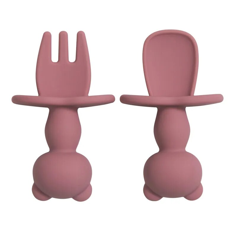 Food Grade Infant Soft Silicone Feeding Tableware For Toddler Kids Cartoon Panda Mini Training Fork Spoon Set Baby Accessories