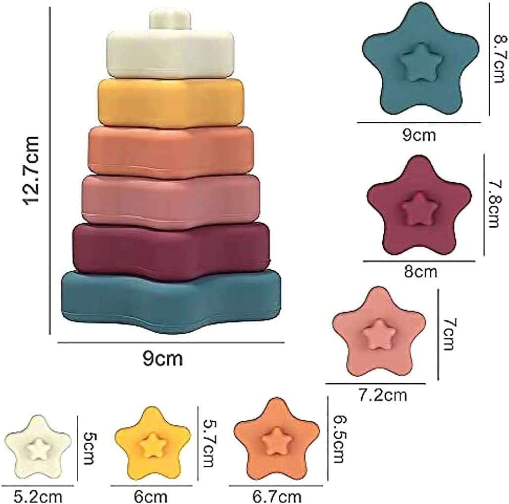 Silicone Baby Stacking Rings - Baby Teether – 6 + Months Baby Toy, Soft Stacking Rings, Multi Color Star Shaped Infant Toys, 6 Pieces Baby Travel Toy