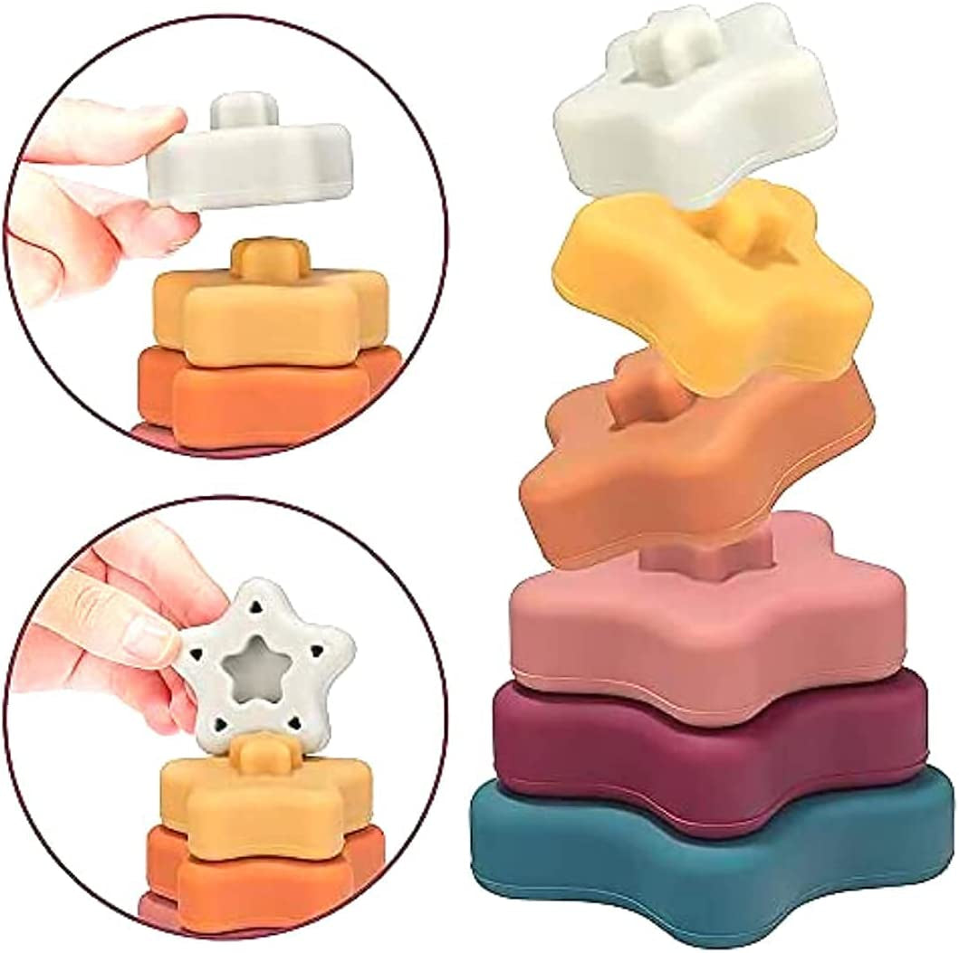 Silicone Baby Stacking Rings - Baby Teether – 6 + Months Baby Toy, Soft Stacking Rings, Multi Color Star Shaped Infant Toys, 6 Pieces Baby Travel Toy