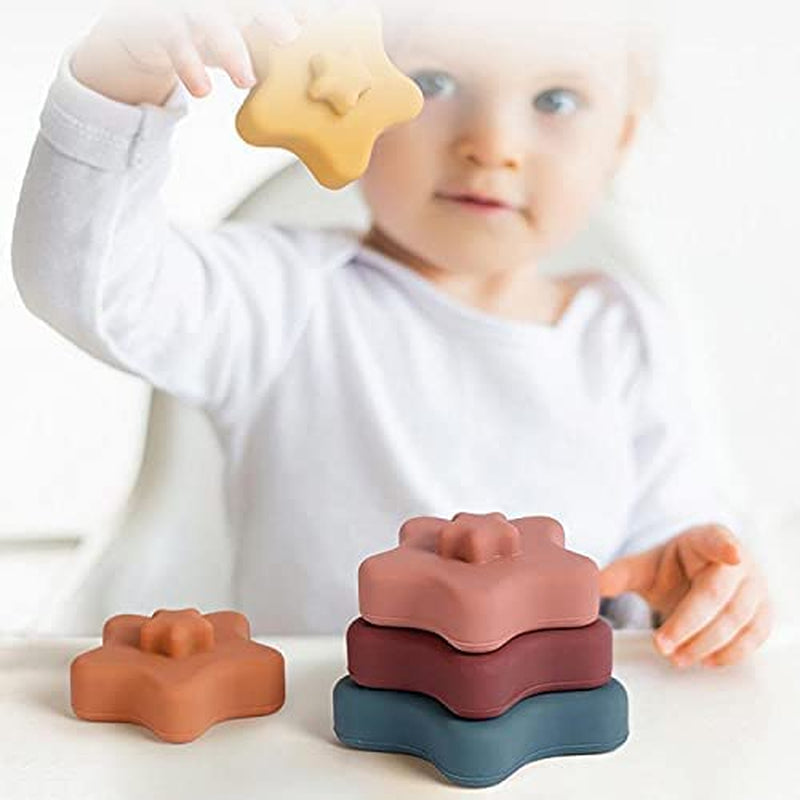 Silicone Baby Stacking Rings - Baby Teether – 6 + Months Baby Toy, Soft Stacking Rings, Multi Color Star Shaped Infant Toys, 6 Pieces Baby Travel Toy