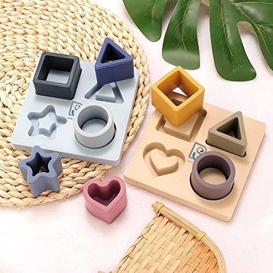 Silicone Geometric Shape Sorter Puzzle for Toddlers 6-24 Months - Montessori Educational Toy with Star, Heart, Circle, and Triangle - Enhances Color Recognition & Fine Motor Skills - Beige