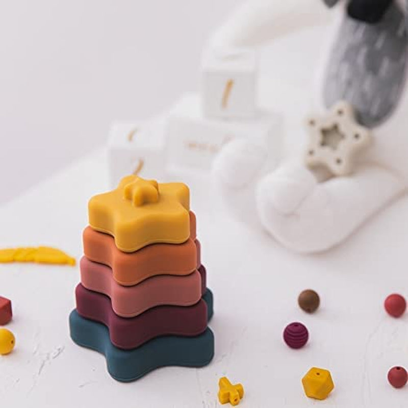 Silicone Baby Stacking Rings - Baby Teether – 6 + Months Baby Toy, Soft Stacking Rings, Multi Color Star Shaped Infant Toys, 6 Pieces Baby Travel Toy